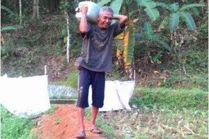 Salah seorang warga desa Cileuya saat memikul air yang di perolehnya dari sumber air yang jauhnya 8 km dari tempat kediamannya.